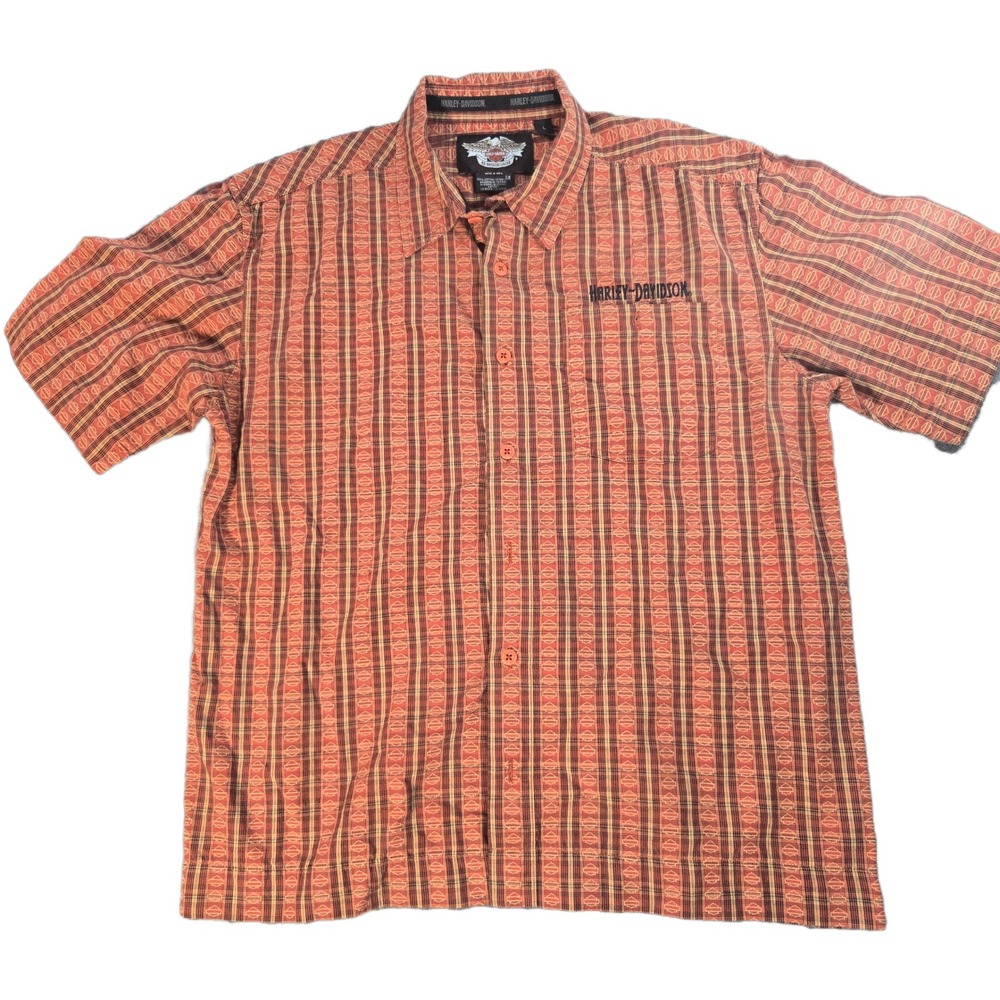Harley-Davidson Mens Orange Plaid Logo Button Up Shirt Short Sleeve Large